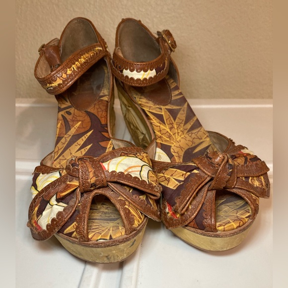 Miss L Fire Shoes - Brown Floral Wedge Sandals with Ankle Strap